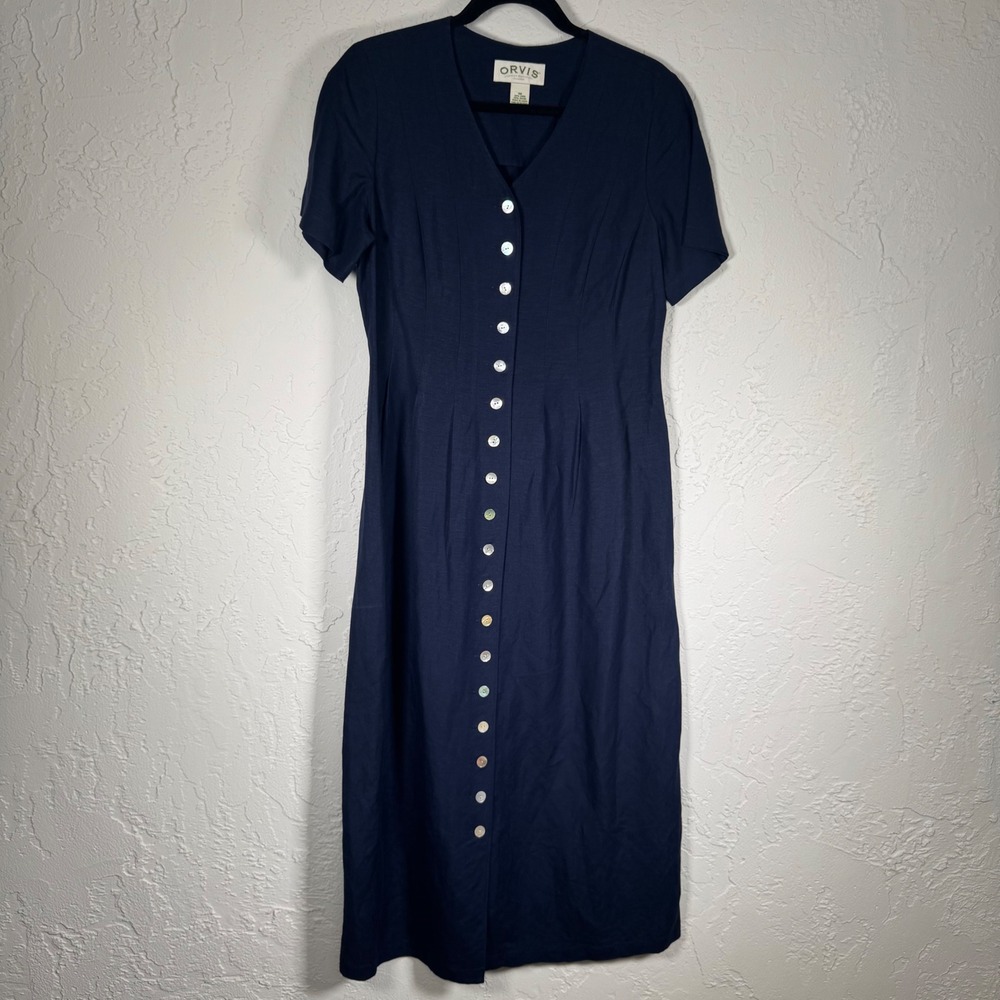 Orvis Navy Blue Linen Blend Button Down Midi Dress Womens 10 M L | Boho - Picture 10 of 12
